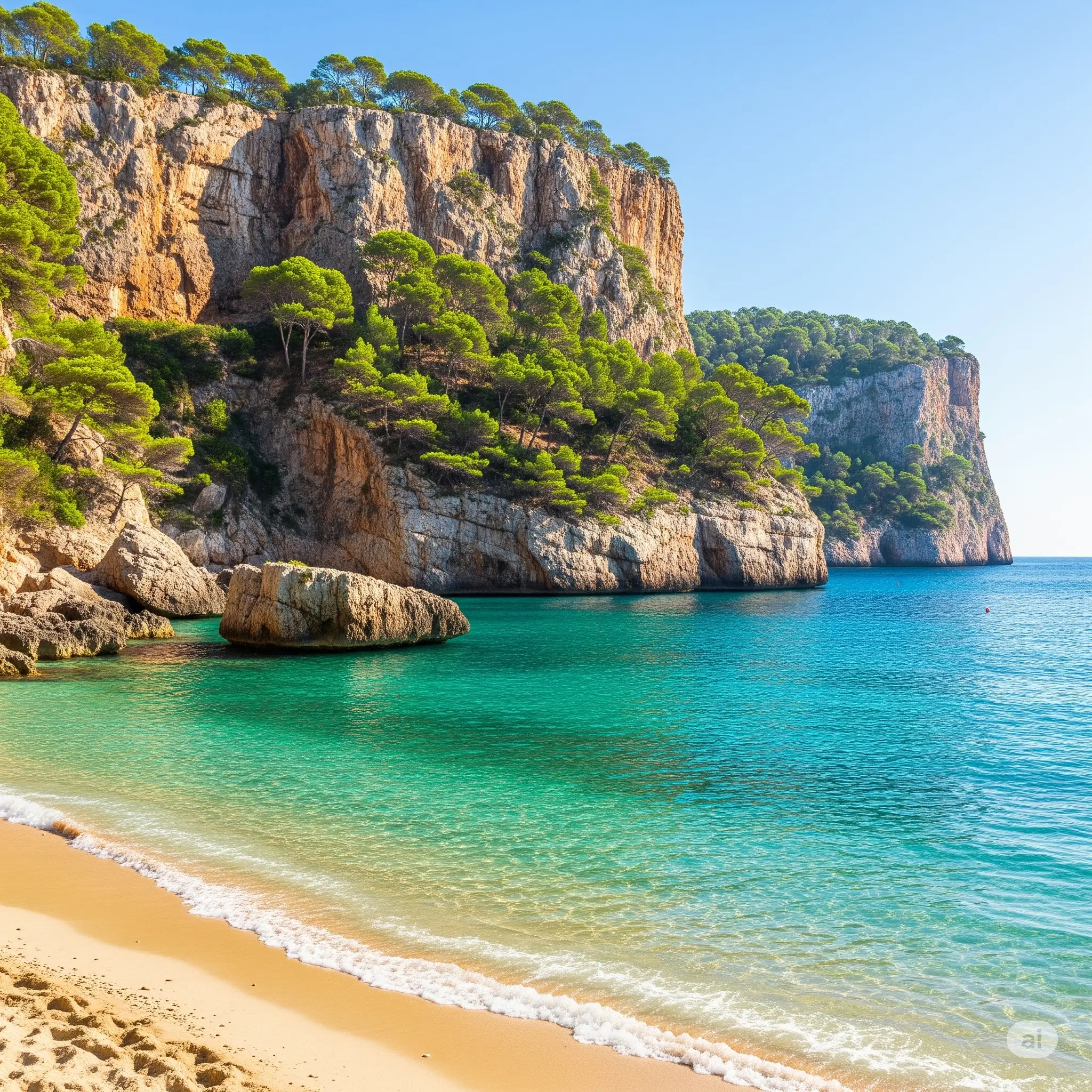 Idyllic turquoise cove with cliffs and pine trees, representing luxury real estate opportunities in Majorca.