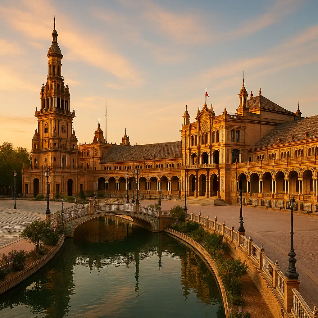 Nieruchomości w Andaluzji: Plaza de España w Sewilli o zachodzie słońca, majestatyczna andaluzyjska architektura z kanałem i malowniczym mostem