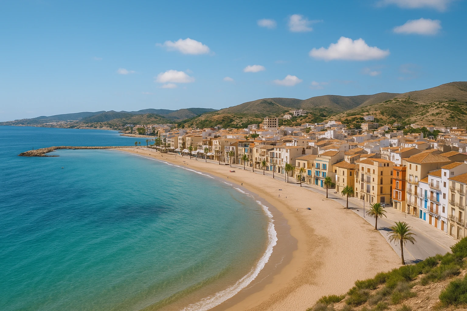 Nieruchomości Murcja: Widok na kurort w regionie Murcja, ze złotą piaszczystą plażą otoczoną palmami, turkusowym morzem, kolorowymi domami z dachówką, zielonymi wzgórzami w tle i błękitnym niebem usianym białymi chmurami.