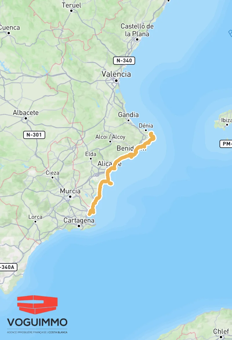 Carte de la Costa Blanca situation des biens immobiliers